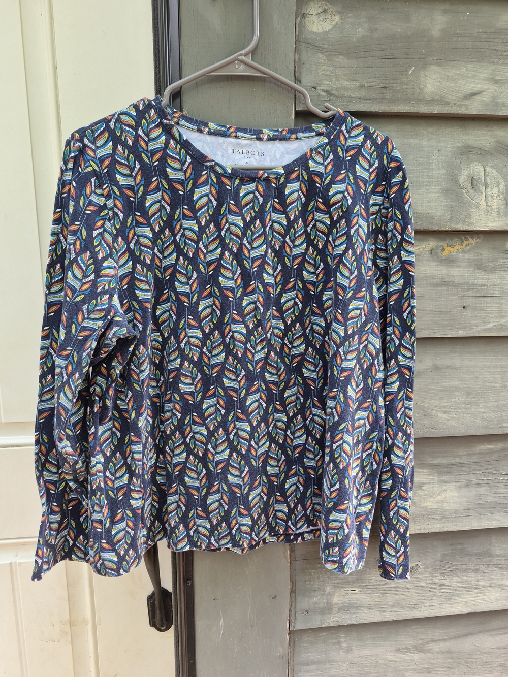 Talbots Navy Long Sleeve Top with Multicolor Leaf Print